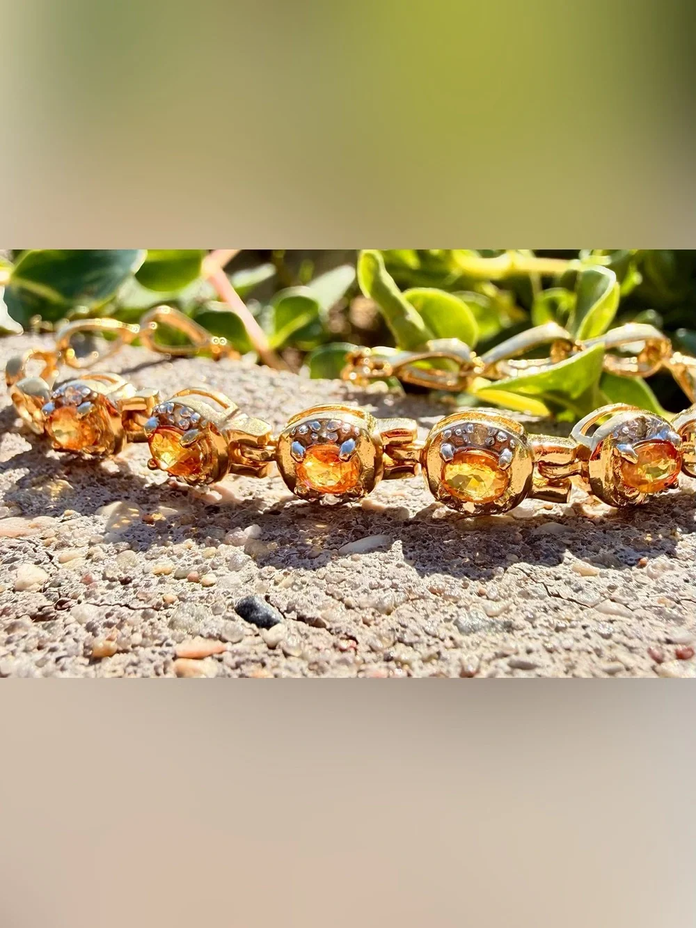 18K Gold Over Sterling Silver Orange AA Sapphire & Diamond Bracelet 7.25”